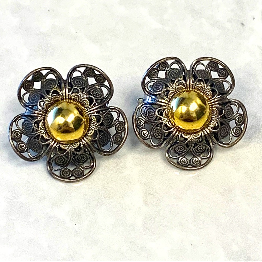 Vintage Brass Silver Filigree Flower Clip Earrings